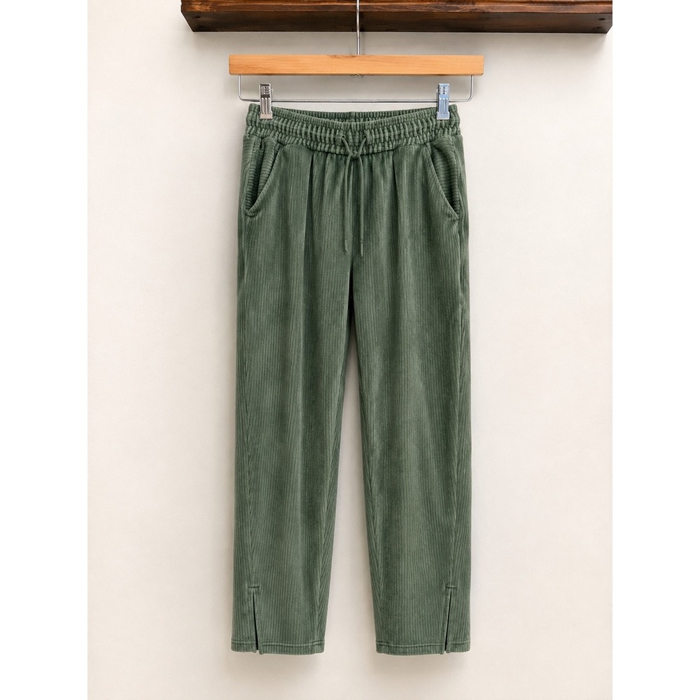 Sage Green Corduroy Textured Drawstring Pants with Side Slits Kids Size 6-7
